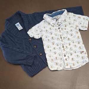 DAPPER DUDE & LITTLE LAD Navy Cardigan White Printed Button Down Shirt 18 months